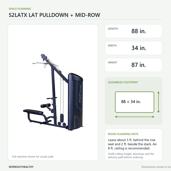 Body-Solid S2LATX dimensions and floor-space planning: 88 × 34 × 87 inches
