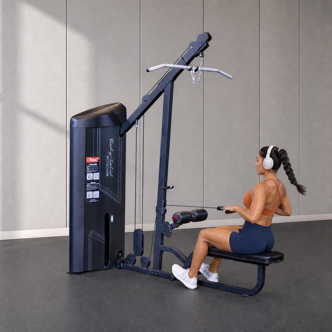 Body-Solid Pro ClubLine S2LATX seated mid-row exercise in a premium commercial studio
