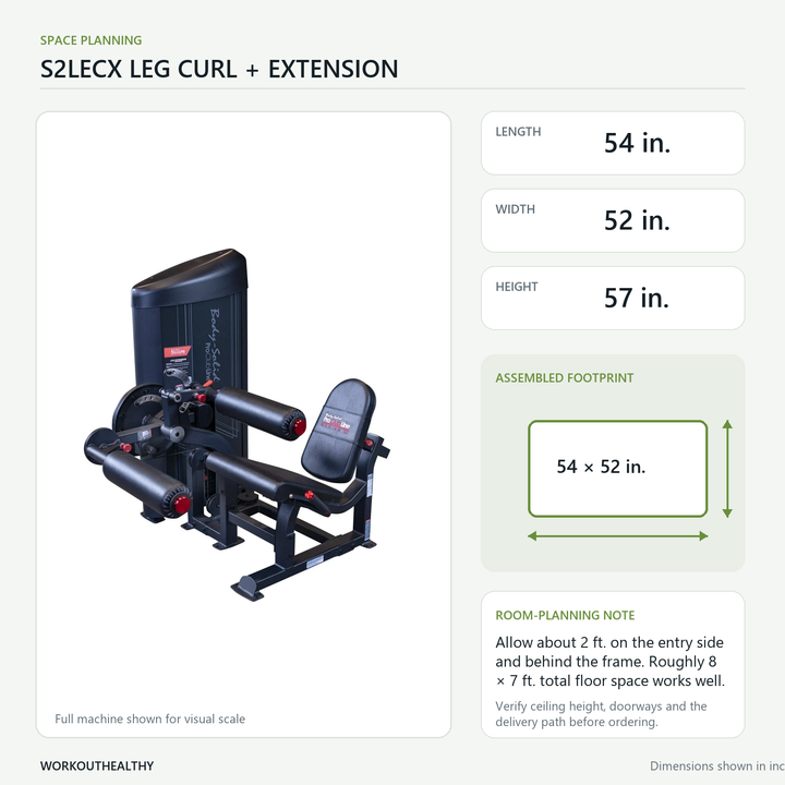 Body-Solid S2LECX dimensions and floor-space planning: 54 × 52 × 57 inches