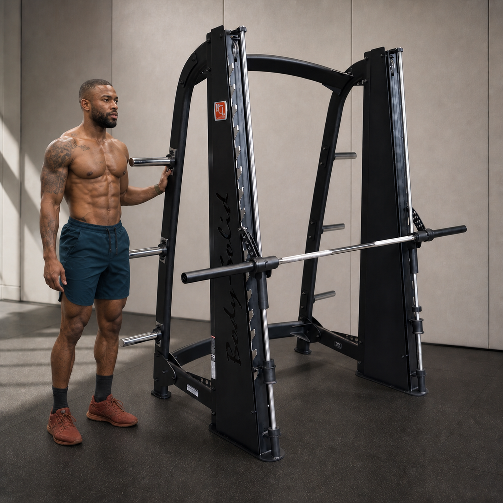 Body-Solid Pro ClubLine SCB1000B Smith machine with athlete beside it for human scale