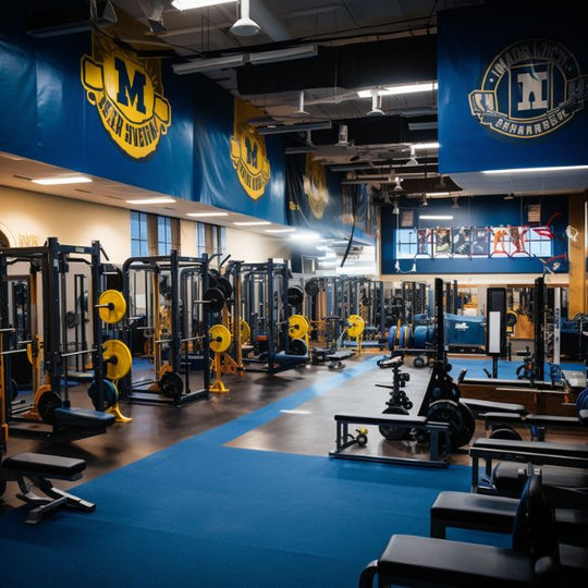 A spacious gym with weightlifting equipment, benches, and racks. Bright overhead lighting highlights banners from a school or sports team. The room has blue and yellow decor, reflecting school colors, and the floor is mostly covered in blue mats.