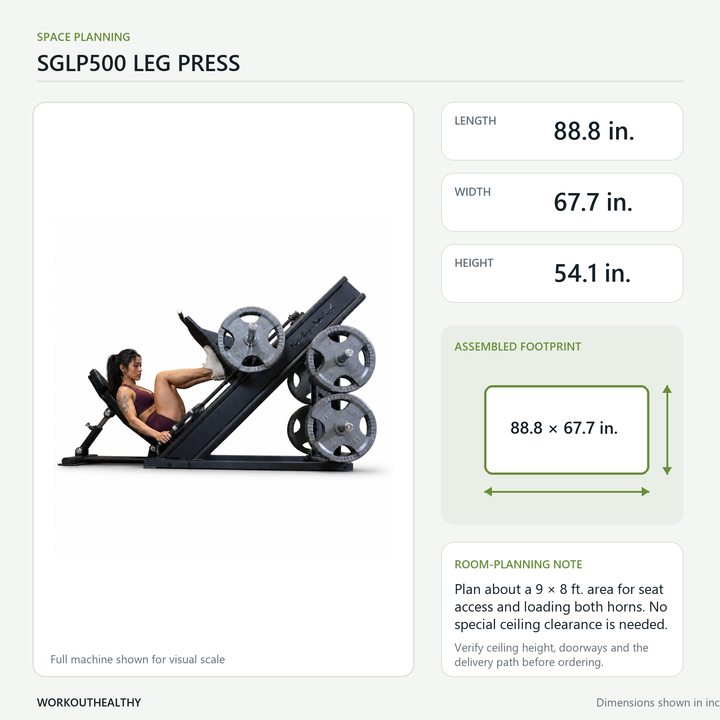 Body-Solid SGLP500 dimensions and floor-space planning: 88.8 × 67.7 × 54.1 inches