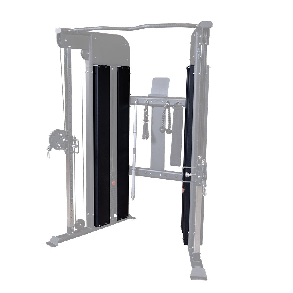 Body-Solid GFT100SH weight stack shrouds fitted to both towers of a GFT100 functional trainer, front view