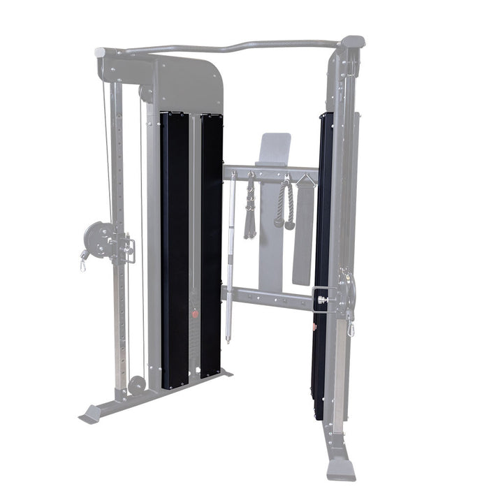 Body-Solid GFT100SH weight stack shrouds fitted to both towers of a GFT100 functional trainer, front view