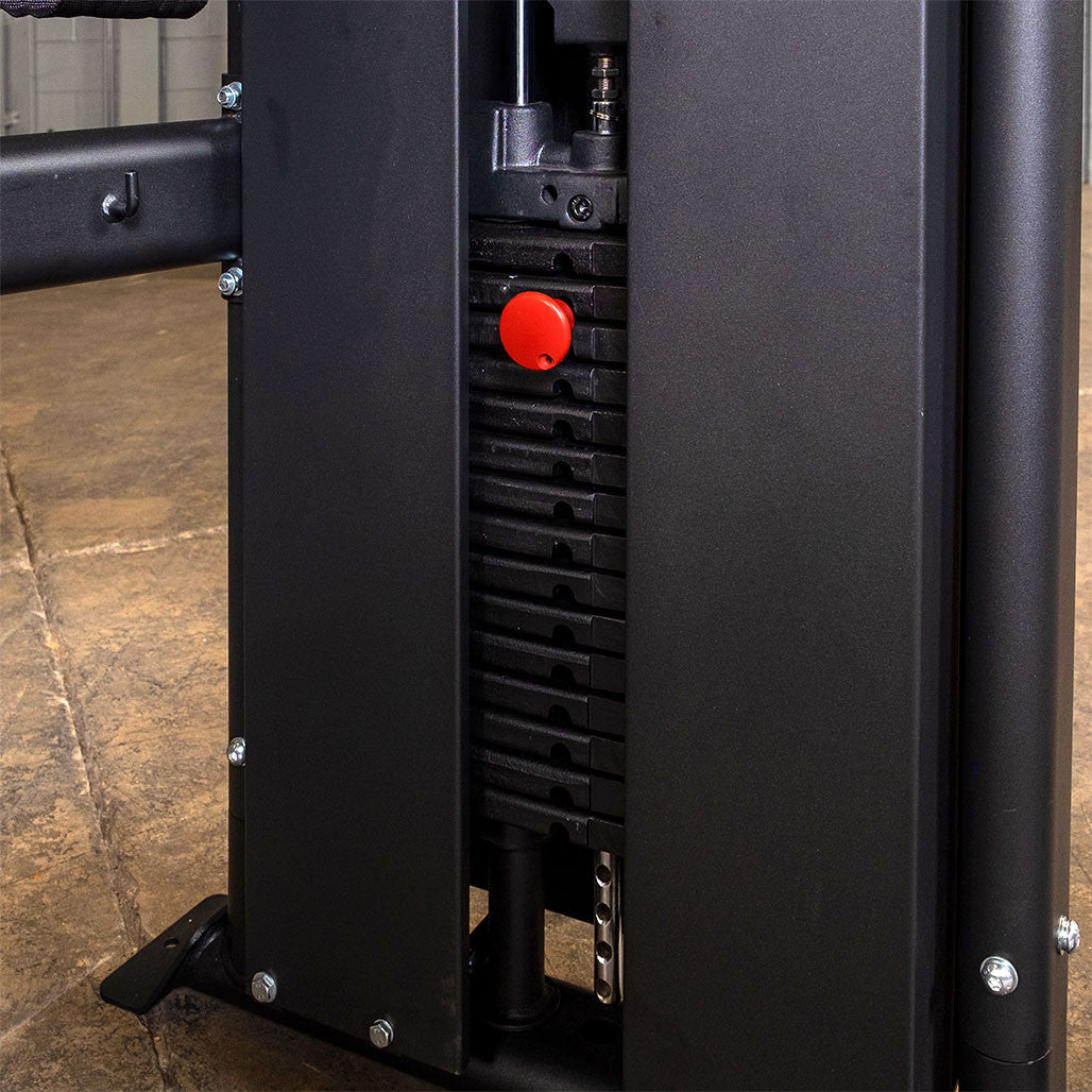 Close view of a GFT100SH shroud covering the weight stack, with the selector opening left clear