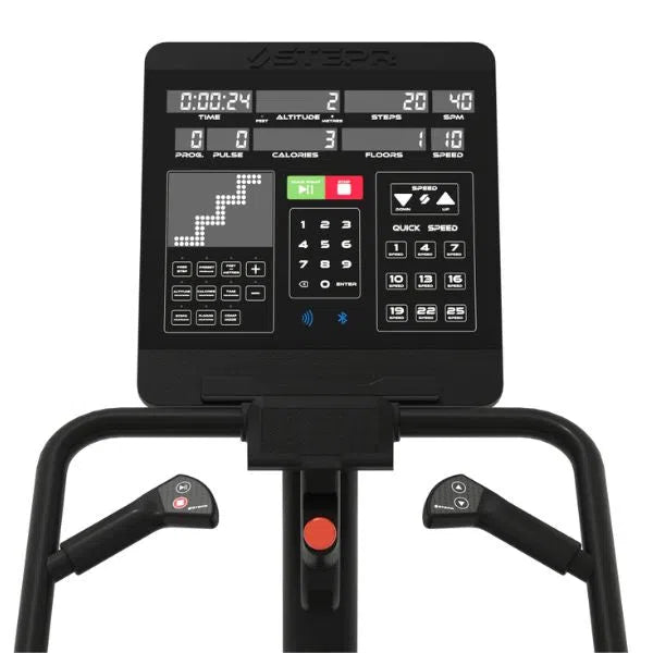 Close-up of the STEPR Classic Stair Climbers black control panel shows time, altitude, steps, and calories—perfect for cardio. It includes quick speed buttons, a numeric keypad, and two handle buttons at the bottom, making it an ideal addition to your home gym.