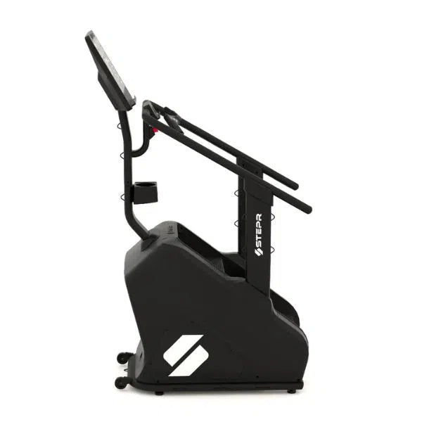 The STEPR PRO Classic Stair Climber features a side view with a sturdy base, handrails, and an LCD screen for workout monitoring. It has a sleek design ideal for high-intensity training and visible STEPR brand markings on the base and handrails.