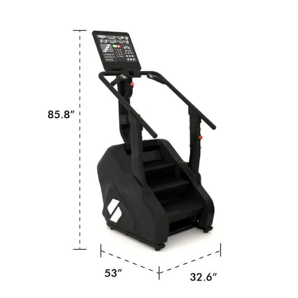 Transform your workout with the STEPR PRO Classic Stair Climber by STEPR, featuring a sleek-central control panel with buttons and a digital screen, plus dual upward-extending handrails. Size: 85.8 H x 32.6 W x 53 D.