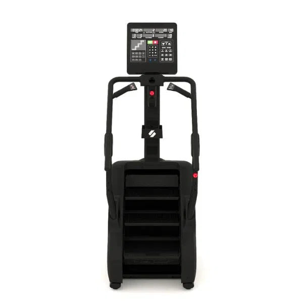 The STEPR PRO Classic Stair Climber by STEPR, ideal for high-intensity workouts, features a sleek black design, digital display, and sturdy handrails. Equipped with multiple steps and a control panel, it provides comprehensive metrics for indoor fitness.