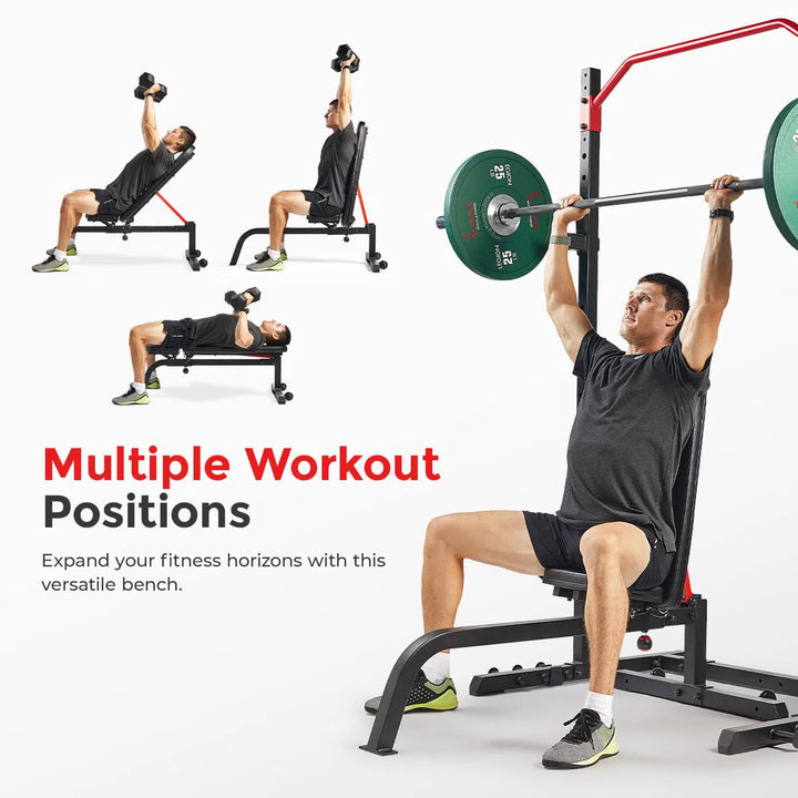 A man showcases various exercises with the Sunny Health & Fitness Incline Bench, performing incline bench presses, dumbbell shoulder presses, and seated barbell presses. The text reads: Multiple Workout Positions: Expand your fitness horizons with this versatile bench.