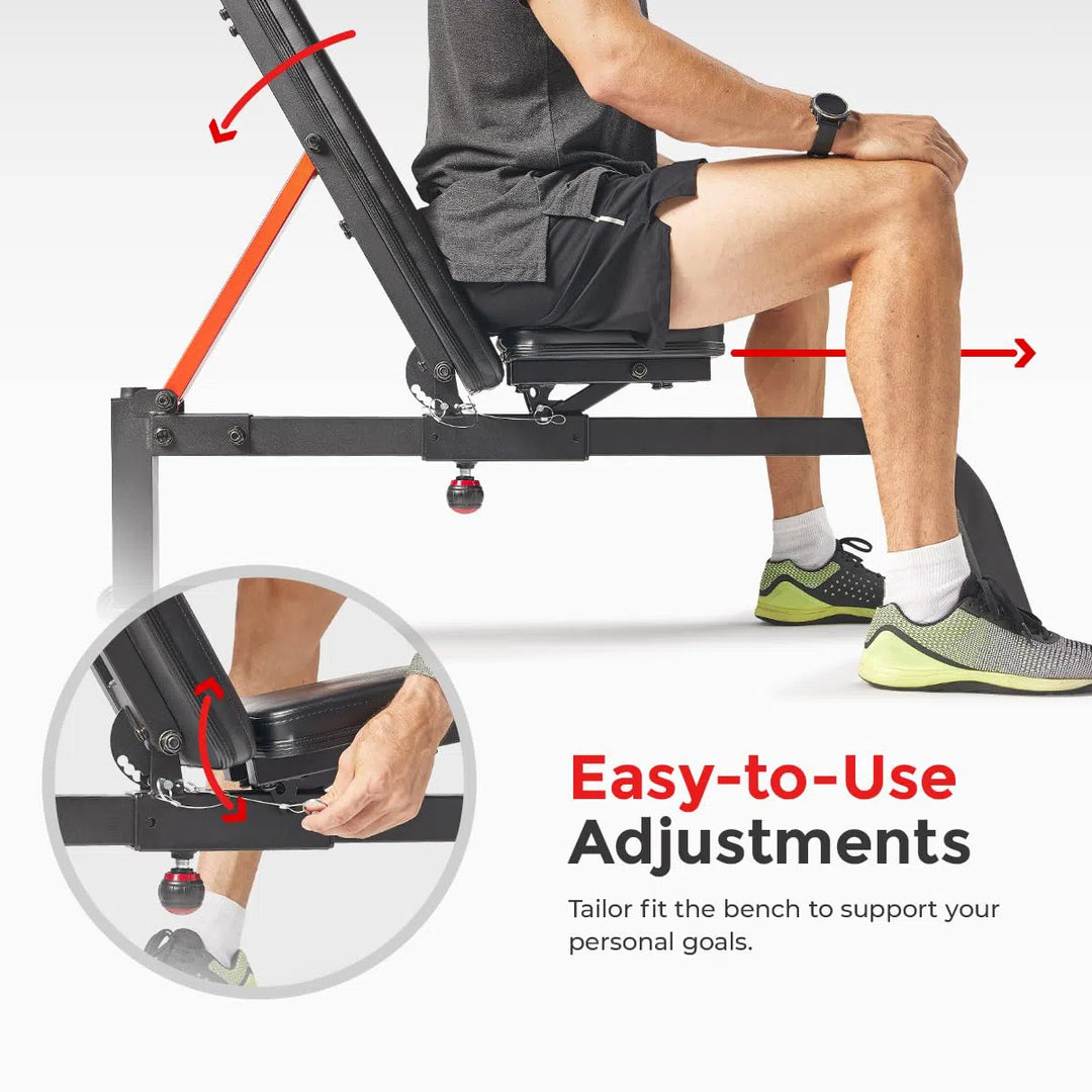 A person in athletic wear adjusts the Sunny Health & Fitness Incline Bench, a black and red workout bench with an easy-to-use mechanism. Red arrows in the image emphasize its adjustable features for personal customization.