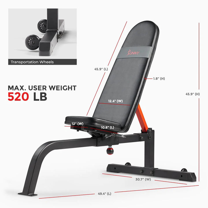 Sunny Health & Fitness Incline Bench features a black padded seat and backrest with red support bars, transportation wheels, and a max user weight of 520 lb. A side panel shows wheel details.