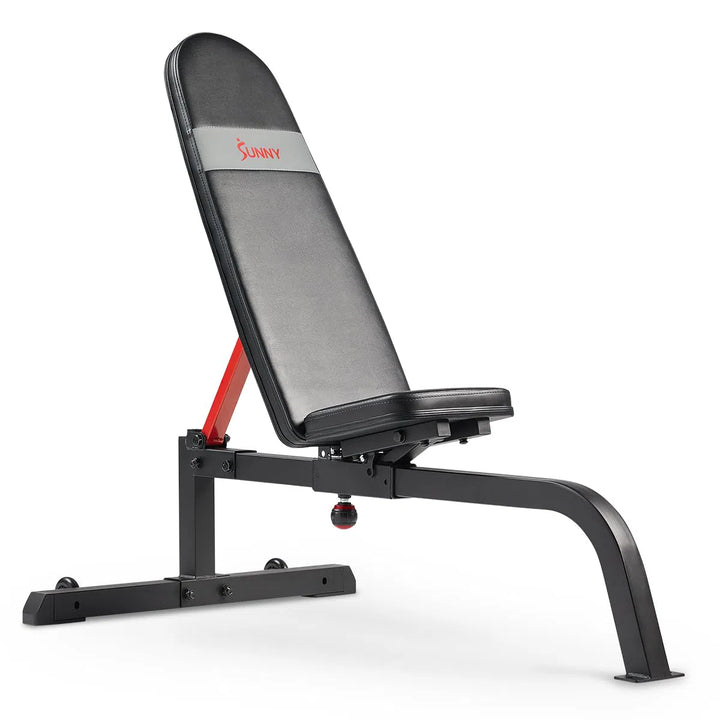 The Sunny Health & Fitness Incline Bench features black cushions, a red support bar, and a sturdy metal frame.