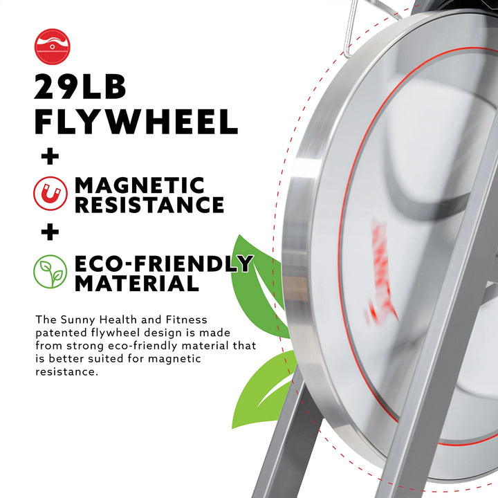 The close-up of the Sunny Health & Fitness Synergy Series flywheel reveals its impressive 29LB design, crafted with eco-friendly materials and optimized magnetic resistance for a smoother ride. Text reads: Sunny Health & Fitness: Eco-Conscious & Performance-Driven.