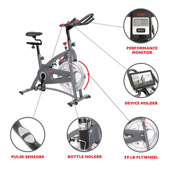 Infographic featuring the Sunny Health & Fitness Synergy Series Magnetic Indoor Cycling Exercise Bike with pulse sensors on handlebars, a performance monitor showing mode, device holder, sturdy 29 lb flywheel, and bottle holder on the frame for easy hydration.