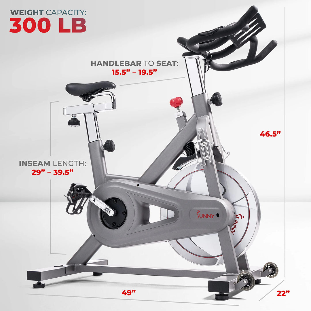 The Sunny Health & Fitness Synergy Series Magnetic Indoor Cycling Exercise Bike has a 300 lbs weight capacity, adjustable handlebar-to-seat height from 15.5 to 19.5, and inseam length of 29 to 39.5. Its dimensions are 46.5H x 49L x 22W, ensuring optimal workout comfort and fit.