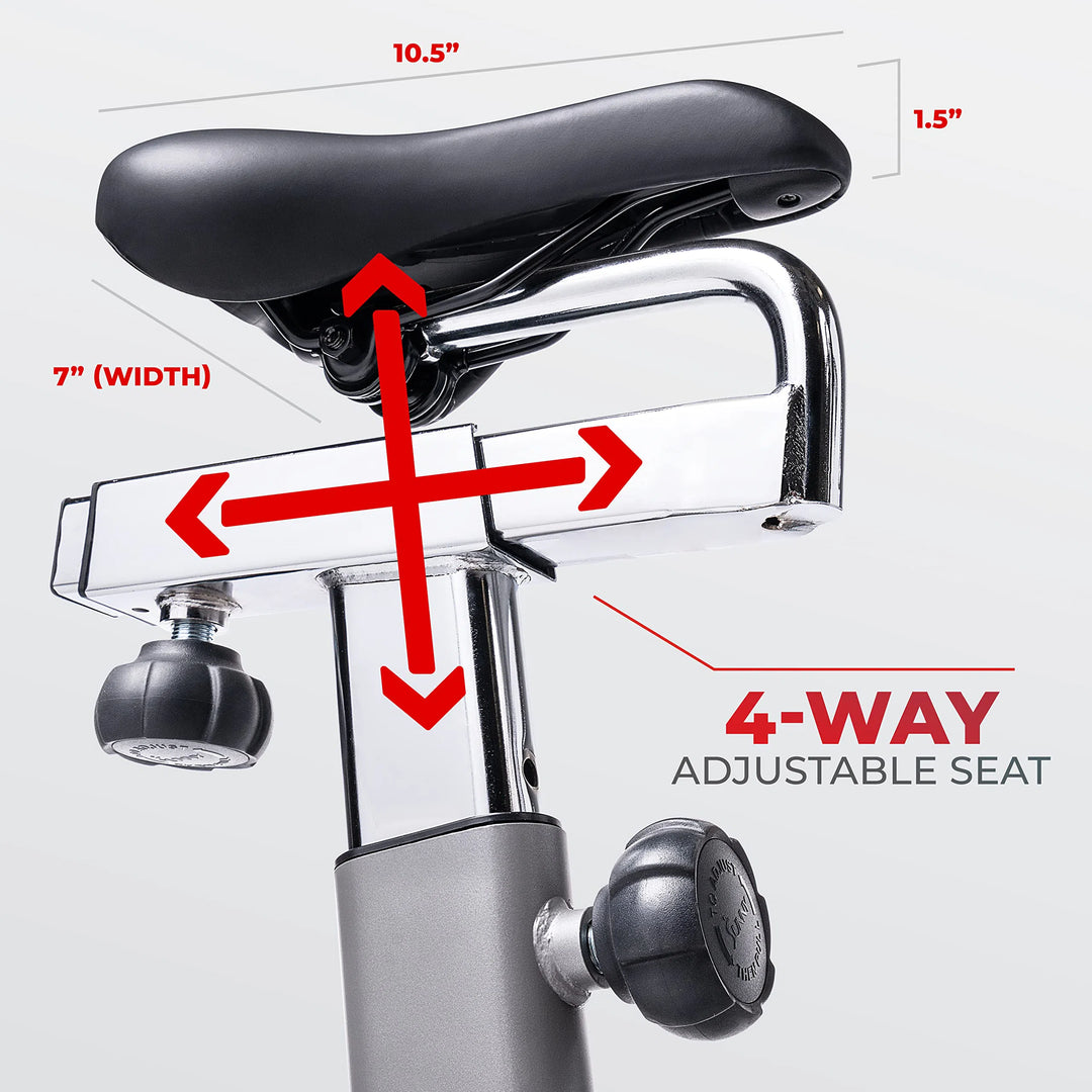 The Sunny Health & Fitness Synergy Series Magnetic Indoor Cycling Exercise Bike showcases a black seat with 4-way adjustability, highlighted by red arrows. The seat measures 7 inches wide and 10.5 inches high, featuring the phrase 4-Way Adjustable Seat.