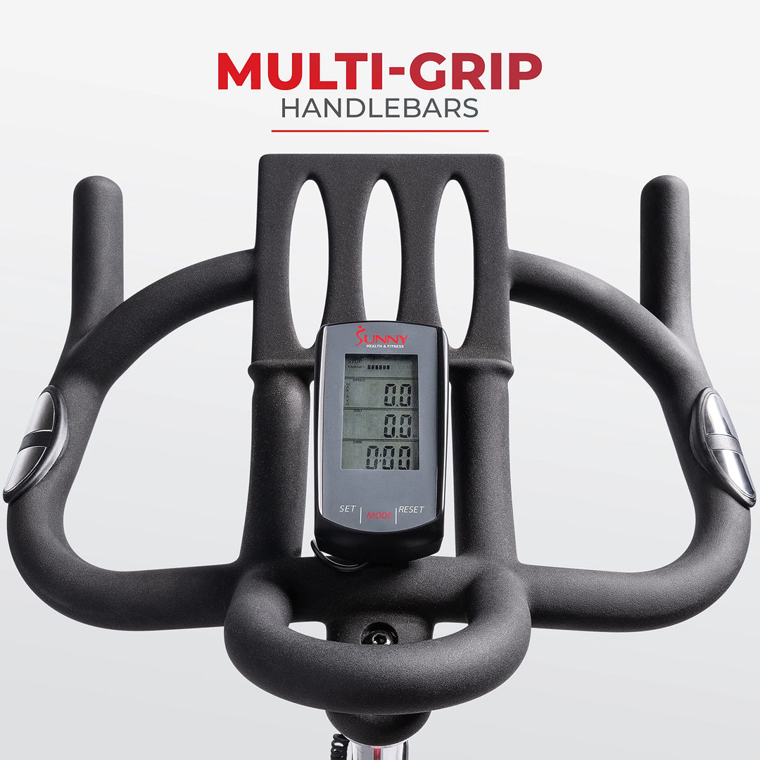 Enjoy the multi-grip handlebars of the Sunny Health & Fitness Synergy Series Magnetic Indoor Cycling Exercise Bike. Its sleek digital display screen provides diverse workout metrics, ensuring an optimal fitness journey each ride.