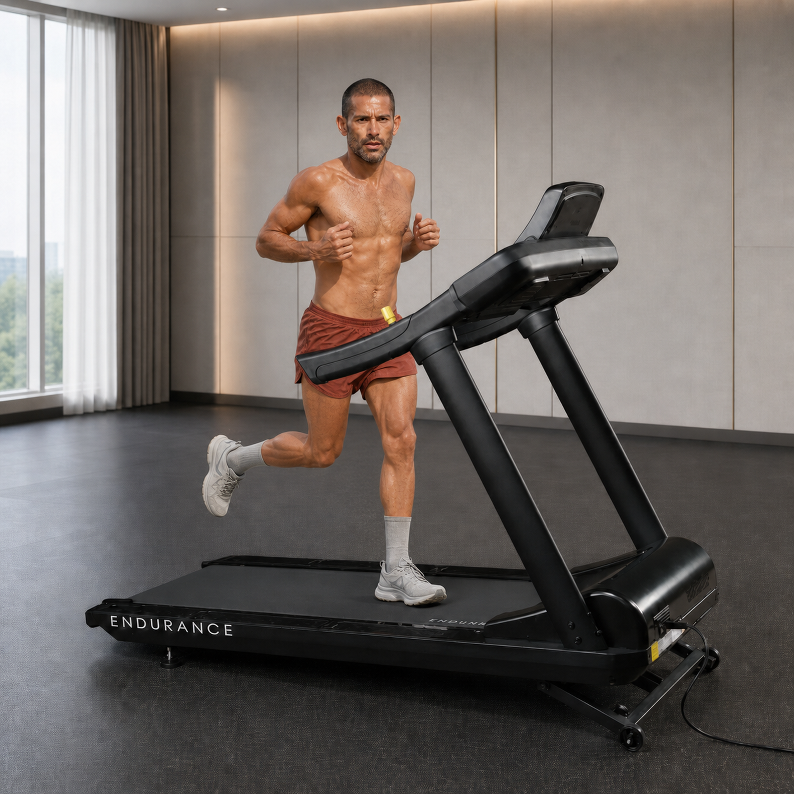 Body-Solid Endurance T150 commercial treadmill with athlete running in a premium hotel gym