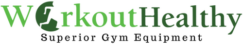 The image shows the logo for WorkoutHealthy with the text Superior Gym Equipment below. A stylized silhouette of a person lifting weights forms the letter o in Workout. The text is in green and black.