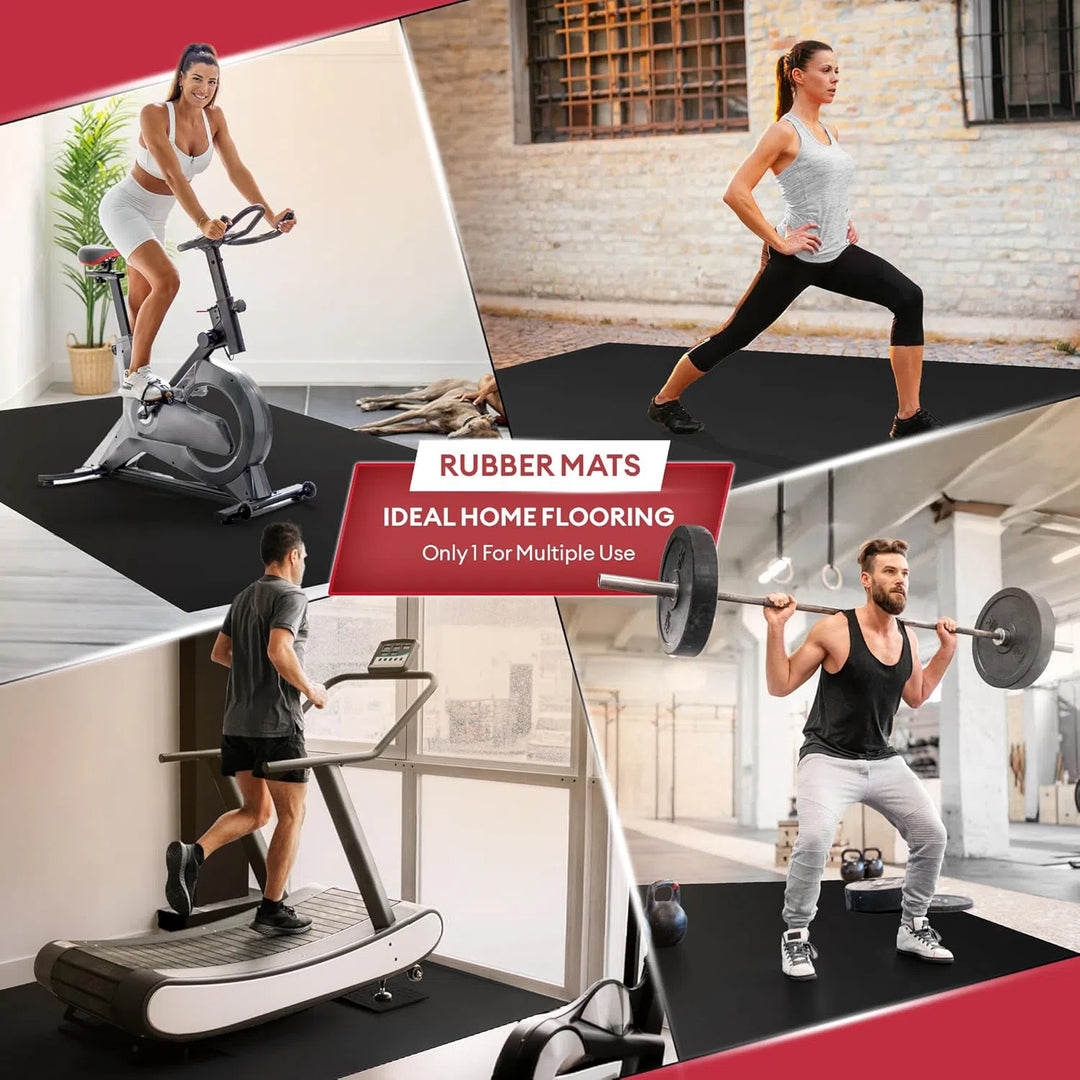 A collage features four individuals exercising on Yes4Alls 6x4 Thick Rubber Exercise Mat: Top left cycling on a stationary bike, top right lunging, bottom left running on a treadmill, and bottom right weightlifting—a perfect display for fitness enthusiasts.