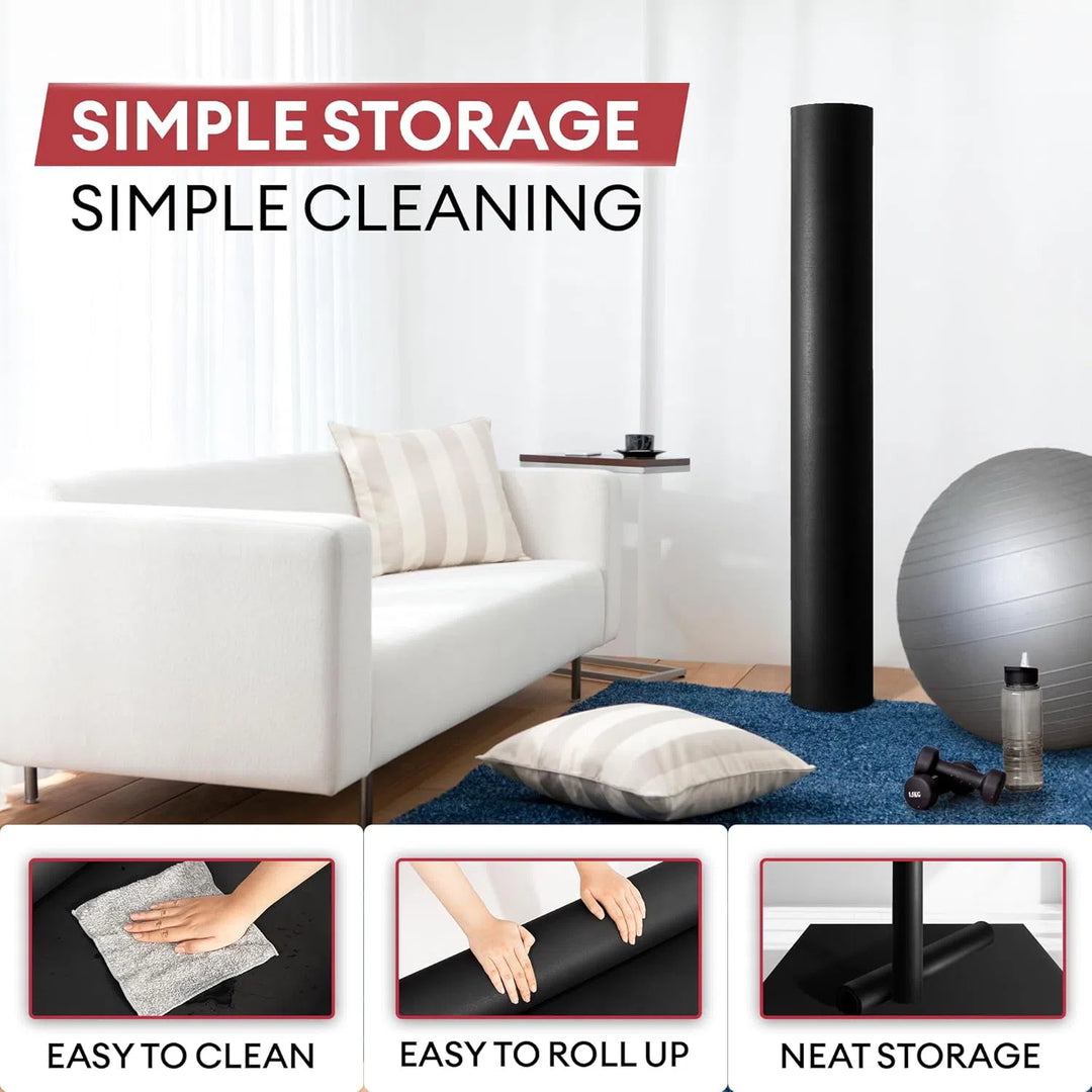 A modern living room displays a white sofa, black cylindrical object, and fitness gear like an exercise ball and dumbbell with water bottle. Insets show hands wiping and rolling the Yes4All 6x4 Thick Rubber Exercise Mat. Text reads Simple Storage, Simple Cleaning – showcasing functional design in action.