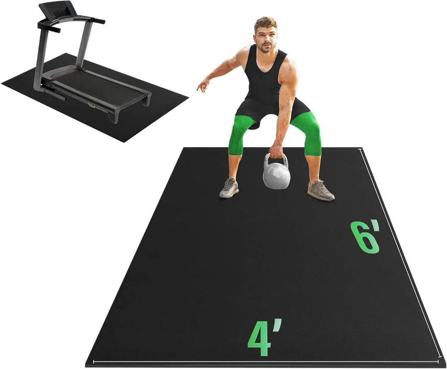 A man kneels on a Yes4All 6x4 Thick Rubber Exercise Mat, wearing a black tank top and green pants, with a kettlebell in hand. A treadmill sits in the top left corner, providing context to the workout scene.