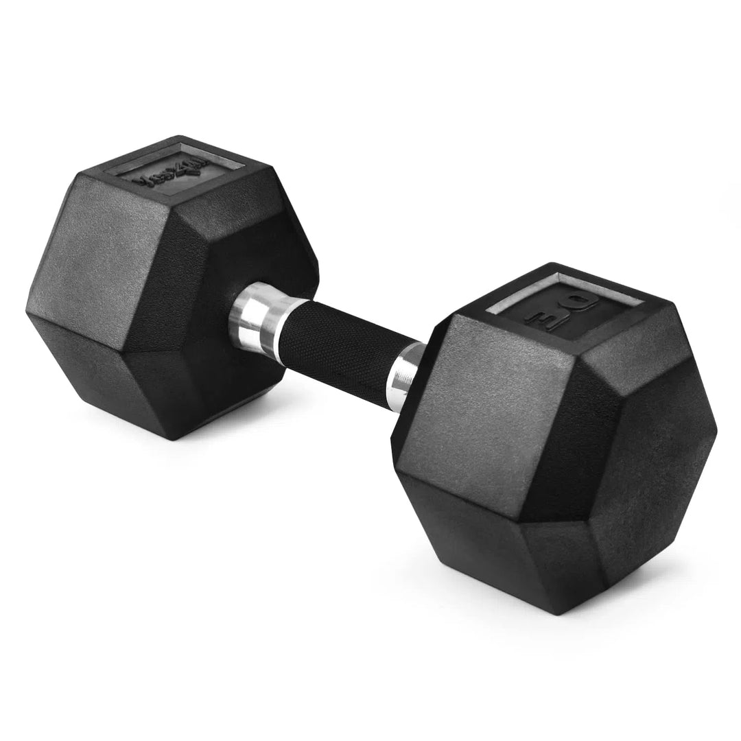 The Yes4All Rubber Grip Encased Hex Dumbbell, featuring a textured ergonomic rubber handle, rests elegantly on a plain white background.