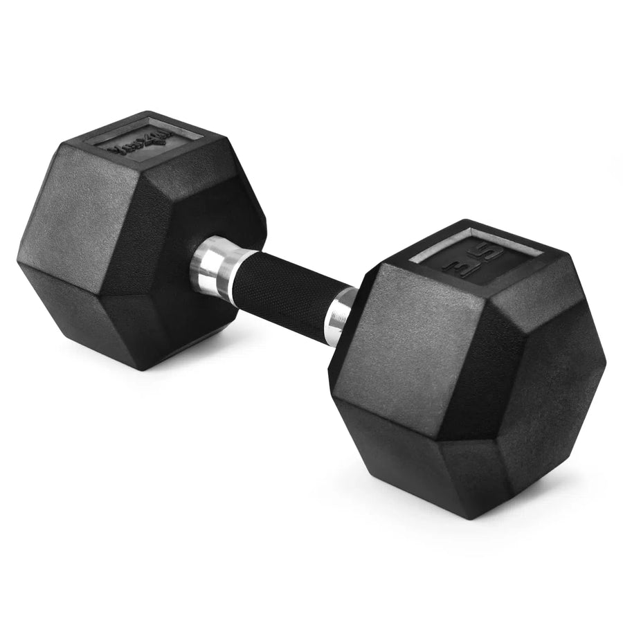 The Yes4All Rubber Grip Encased Hex Dumbbells by Yes4All feature a black rubber hexagonal design with an ergonomic textured handle and are showcased on a white background.