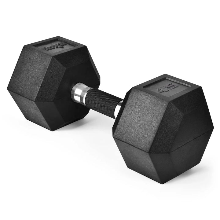 A Yes4All Rubber Grip Encased Hex Dumbbell, featuring a textured chrome handle and premium rubber coating, lies against a white background. Its solid cast-iron core ensures durability, with the weight marked on one end for easy identification.