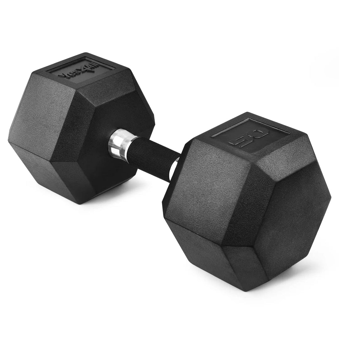 The Yes4All Rubber Grip Encased Hex Dumbbell by Yes4All, featuring a premium rubber coating and ergonomic rubber handle, is set against a plain white background.