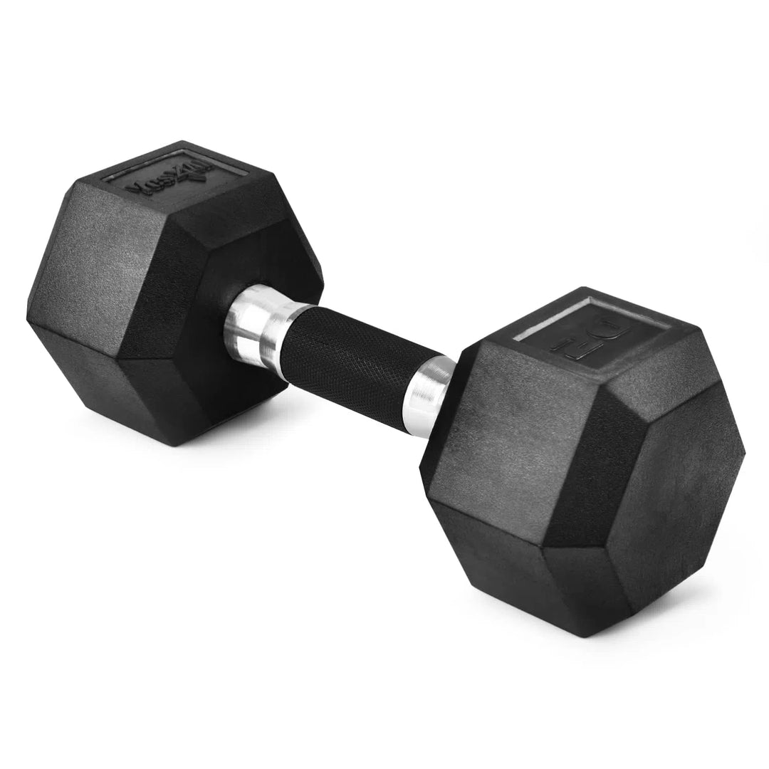 The Yes4All Rubber Grip Encased Hex Dumbbell, with a sleek ergonomic rubber handle, rests on a white background. Its metallic grip contrasts with the premium rubber-coated weights on each end.