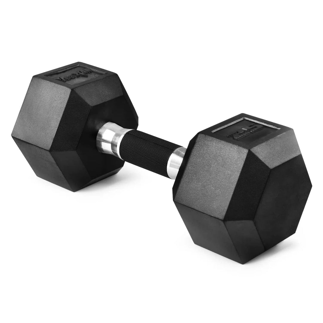 The Yes4All Rubber Grip Encased Hex Dumbbell, featuring a black textured ergonomic rubber handle, rests on a white surface.