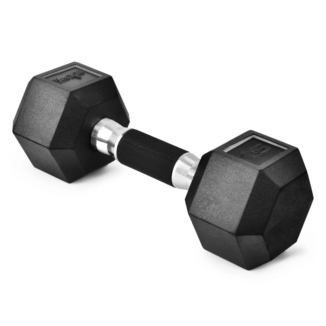 A Yes4All Rubber Grip Encased Hex Dumbbell with a premium black rubber coating and sleek silver handle is showcased against a plain white background.