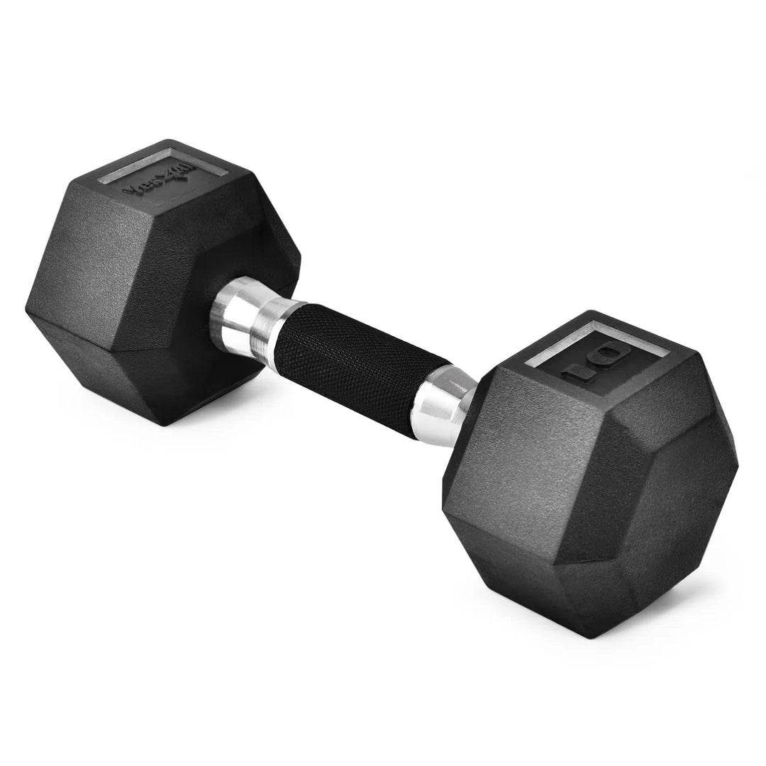 The Yes4All Rubber Grip Encased Hex Dumbbells in black, featuring a premium rubber coating and textured grip handle, rest on a plain white background.