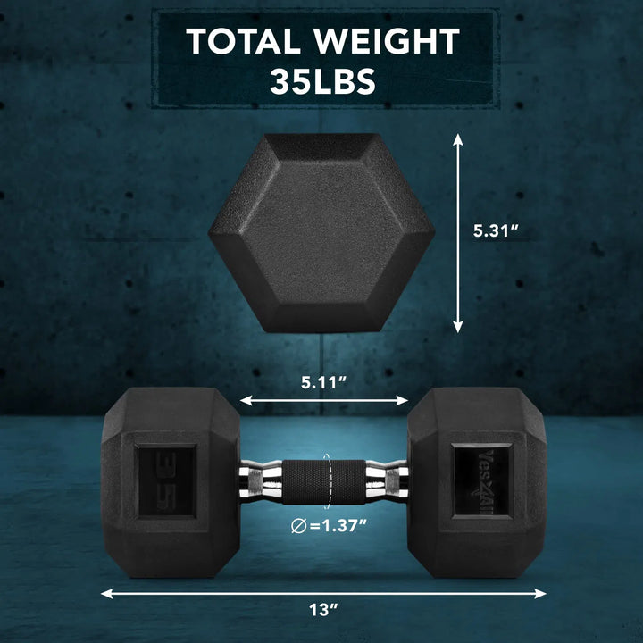 The Yes4All Rubber Grip Encased Hex Dumbbell, weighing 35 pounds, features a premium rubber coating with dimensions of end width 5.11 inches, end height 5.31 inches, handle diameter 1.37 inches, and total length 13 inches. Its solid cast-iron core complements a dark textured wall with durability and style.