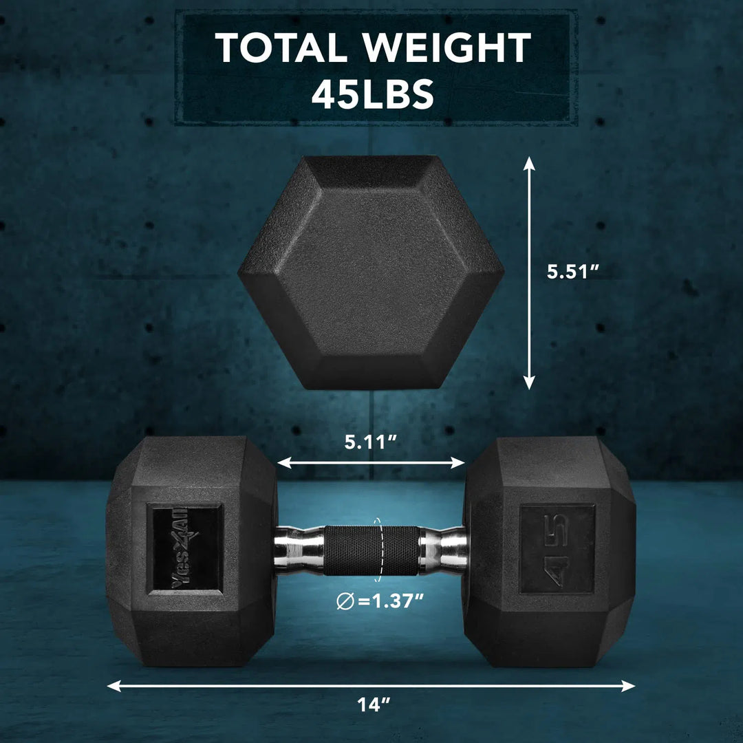 The Yes4All Rubber Grip Encased Hex Dumbbells, weighing 45 pounds and featuring a solid cast-iron core, measures 14 in length, 5.11 in width, and has a handle diameter of 1.37. The dumbbell also boasts a premium rubber coating set against a textured teal wall backdrop.