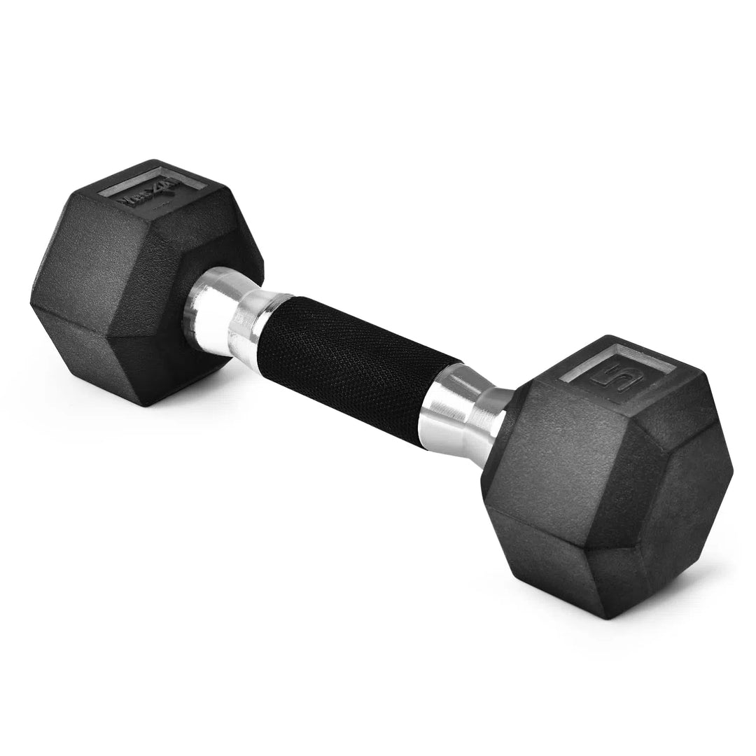 The Yes4All Rubber Grip Encased Hex Dumbbell, a black hexagonal weight with premium rubber coating and ergonomic handle, rests on a white surface.